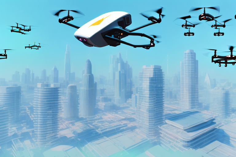 A futuristic cityscape with amazon delivery drones flying overhead