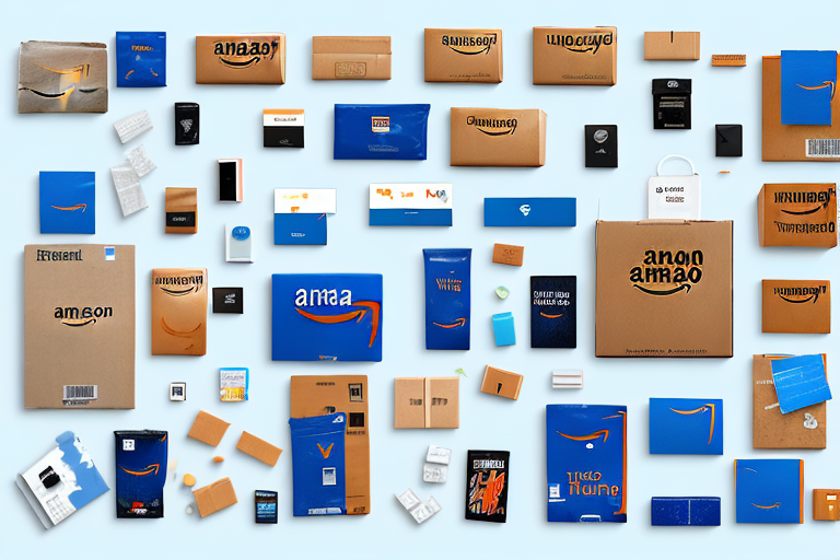 A variety of different products being funneled from a physical store into an amazon box