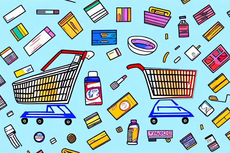 A shopping cart filled with various products