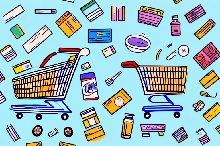 A shopping cart filled with various products