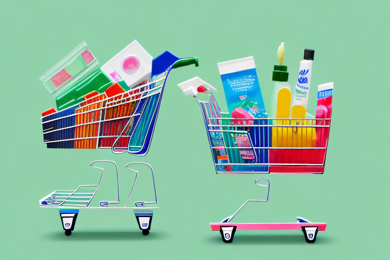 A shopping cart filled with diverse products positioned at the entrance of a stylized walmart store