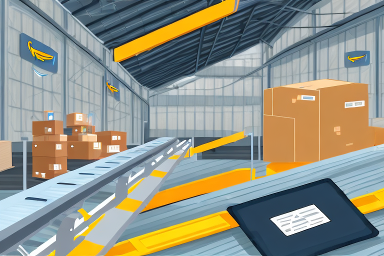 A warehouse with amazon packages on a conveyor belt