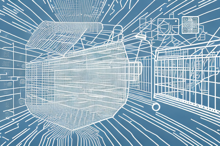 A large database symbol connected to various elements of a walmart store such as a shopping cart