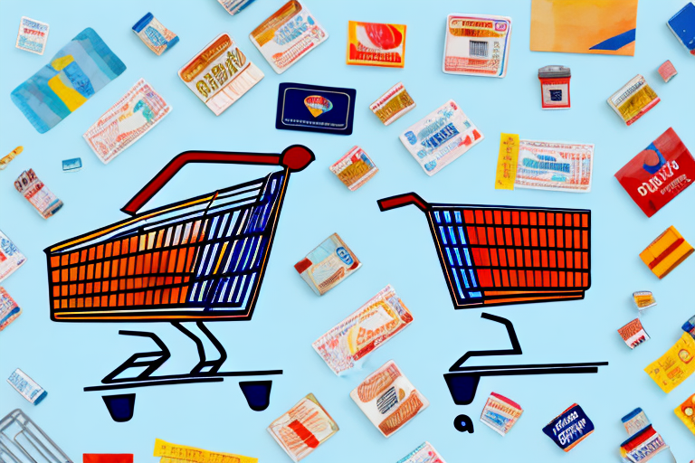 A shopping cart filled with various items with price tags attached