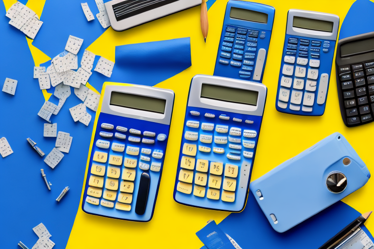 A variety of basic calculators scattered across a blue and yellow themed background