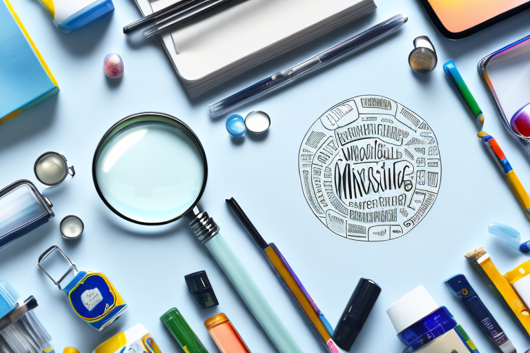 A magnifying glass hovering over a variety of different products on a shelf