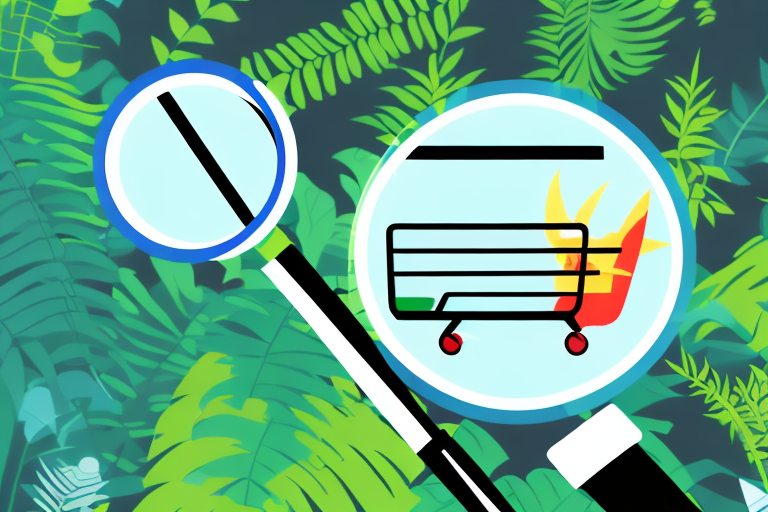 A magnifying glass hovering over a jungle filled with symbols representing ecommerce