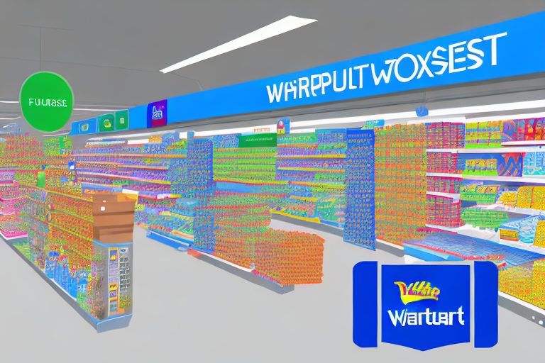 A computer screen displaying a virtual walmart store with various aisles of products