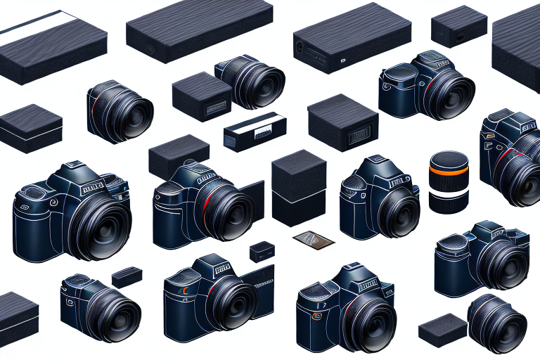 A professional camera focusing on a variety of amazon products arranged aesthetically