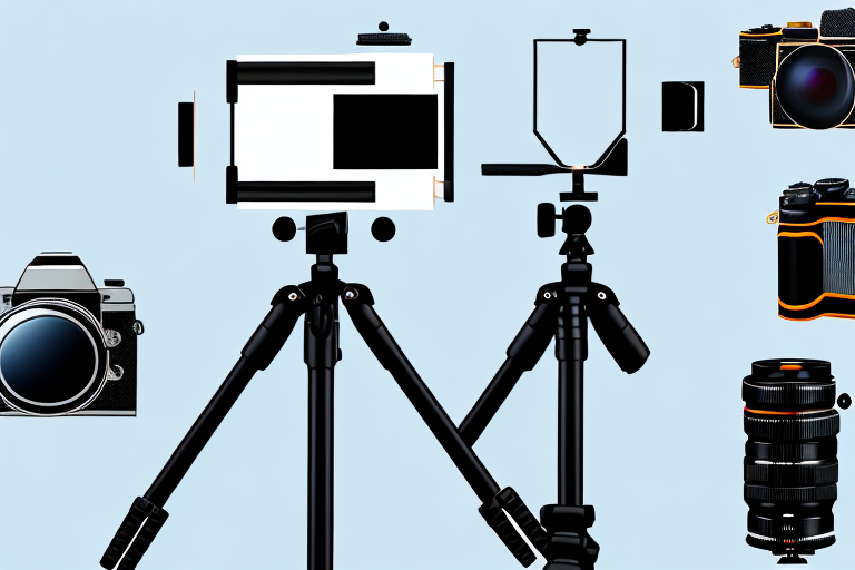 A camera on a tripod aimed at a variety of amazon products arranged in a professional studio setting