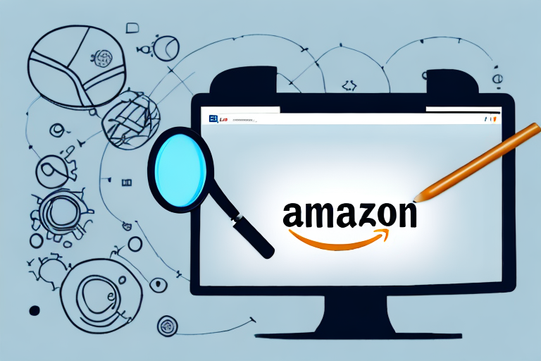 A computer screen displaying an amazon product page with a magnifying glass hovering over the product image