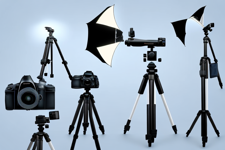 A professional camera on a tripod focusing on a variety of amazon products arranged aesthetically on a table