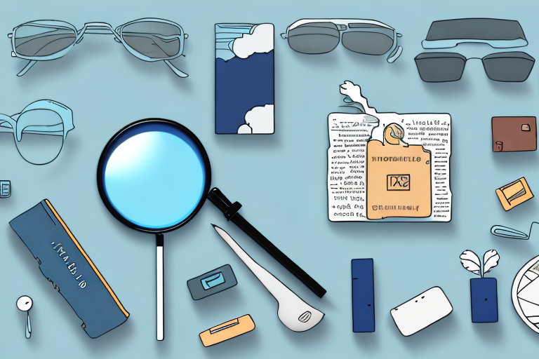 A magnifying glass hovering over a variety of products like books