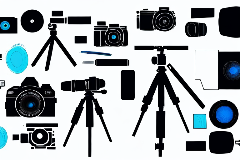 A camera on a tripod focusing on a variety of products