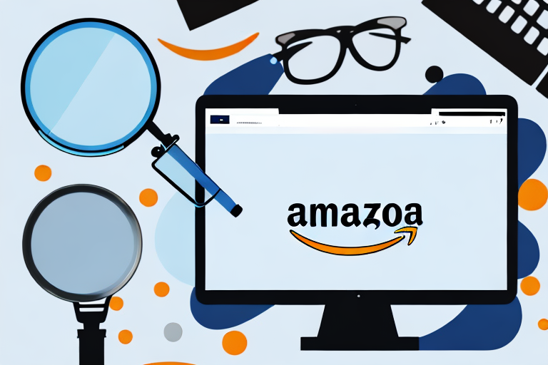 A computer screen displaying an amazon product page with a magnifying glass hovering over the product image