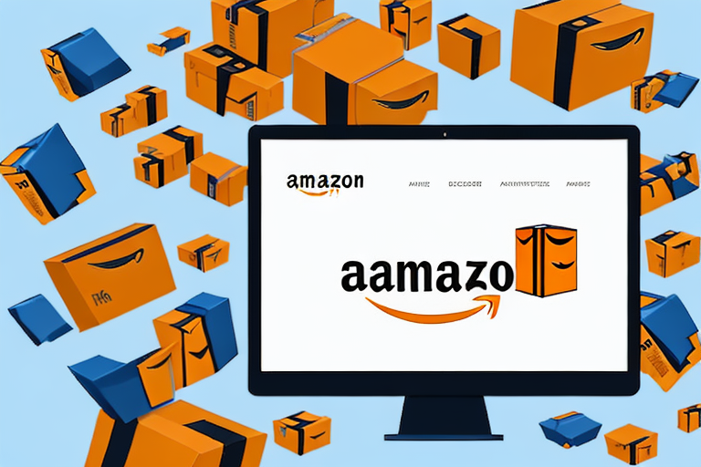 A computer screen displaying an amazon marketplace page and a pile of packaged boxes nearby