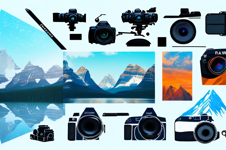 A professional camera setup focusing on a diverse range of amazon products with the backdrop of iconic canadian scenery