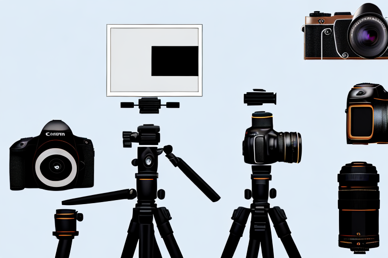 A camera on a tripod focusing on a beautifully arranged set of diverse products