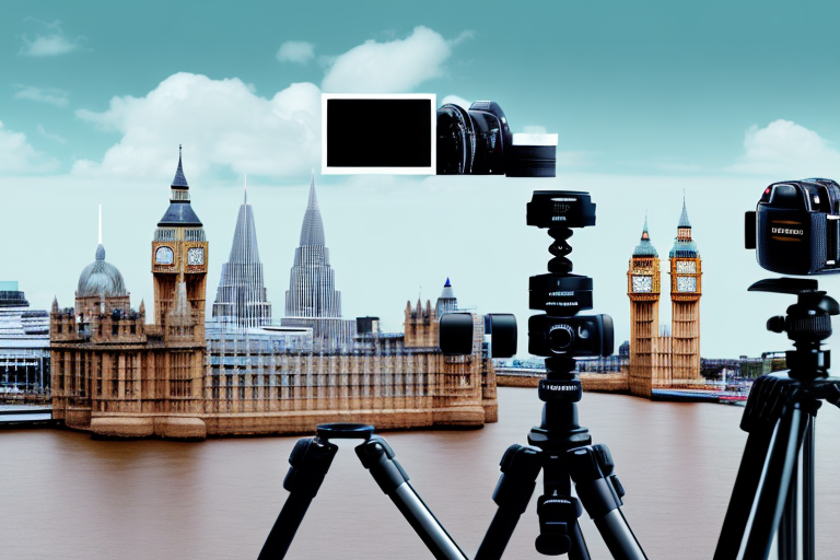 A professional camera on a tripod focusing on a variety of products