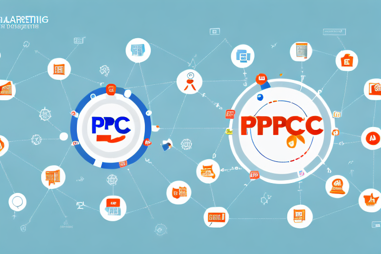 A digital marketing strategy map with various interconnected icons representing elements of ppc campaigns such as search engines