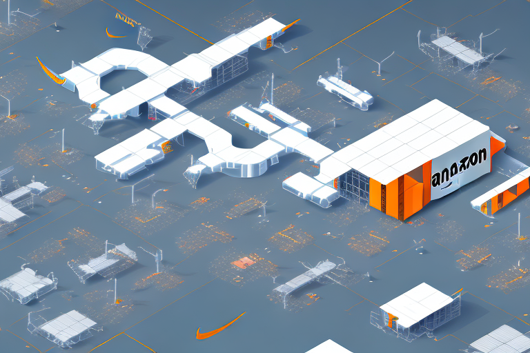 A futuristic warehouse filled with drones and automated machines