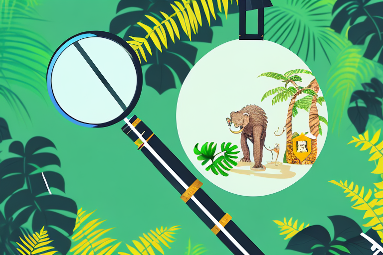 A jungle scene with a magnifying glass focusing on a price tag hanging from a tree branch