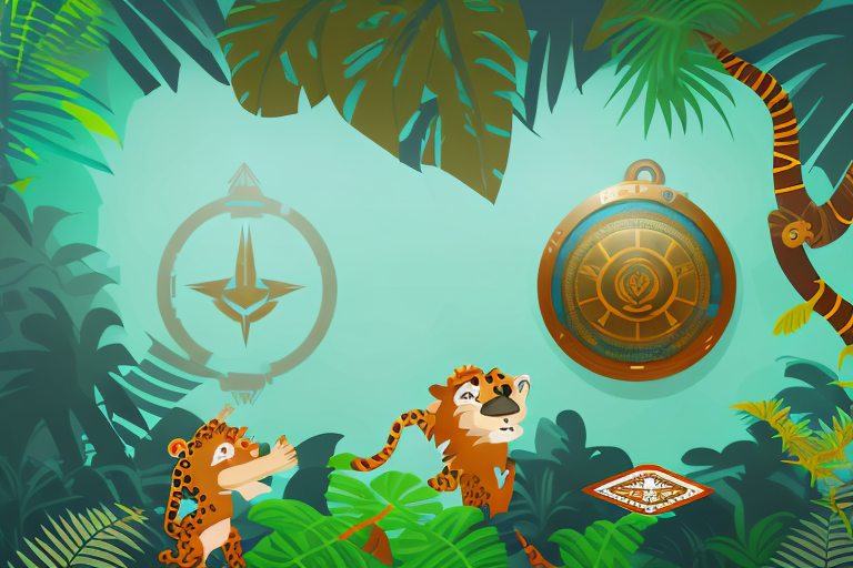 A jungle scene with symbolic elements like a key unlocking a treasure chest filled with e-commerce symbols such as shopping carts