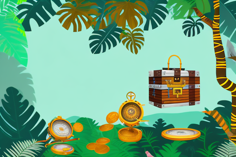 A jungle scene with a treasure chest revealing glowing deals and discounts