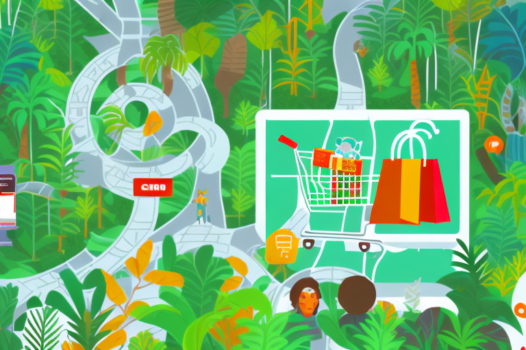 A jungle with different paths leading to various types of e-commerce-related icons such as shopping carts