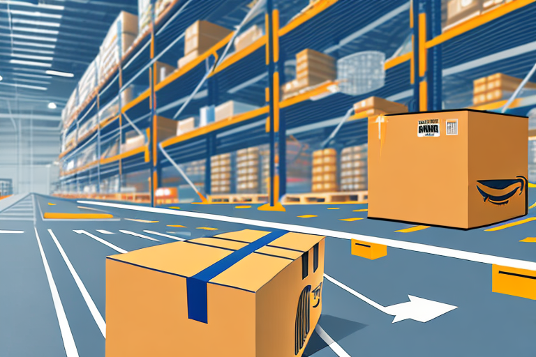 A warehouse with amazon boxes being processed on a conveyor belt