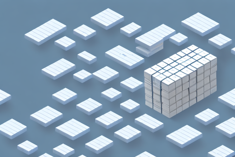 A cubic meter box next to a stack of pallets with a calculator symbol hovering above them