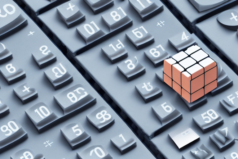 A digital calculator next to variously sized pallets with cubic measurements appearing in 3d graphics