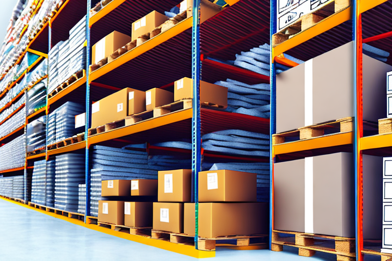 A detailed pallet rack filled with various boxes in a well-organized warehouse