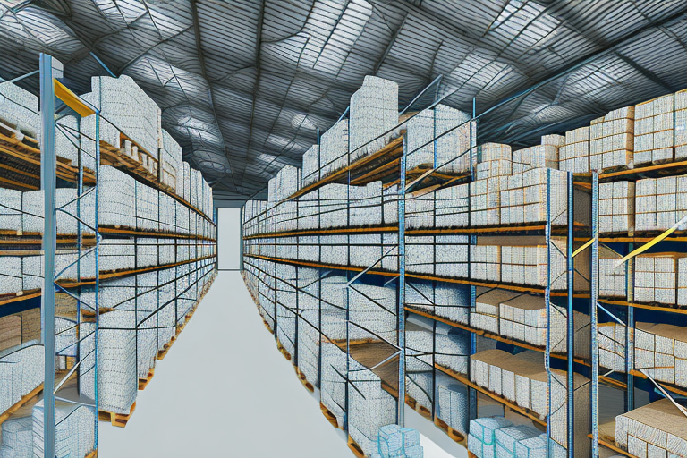 A warehouse interior filled with neatly stacked pallets and a calculator superimposed over the scene