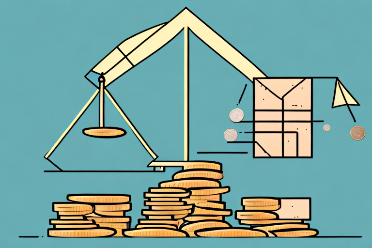 A scale balancing a box labeled with the amazon arrow symbol and a pile of coins