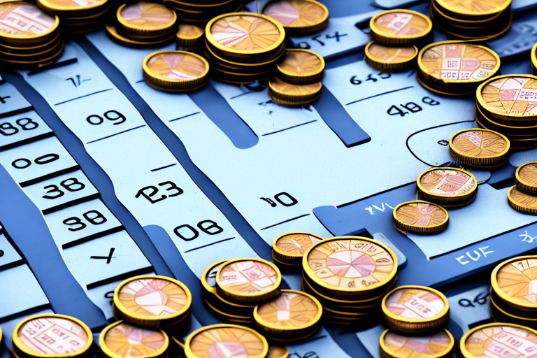 A calculator on top of a stack of wooden pallets with coins and bills flowing out of it