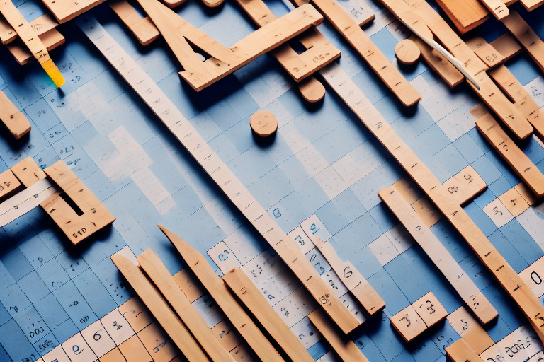 A variety of wooden pallets with a calculator and a measuring tape