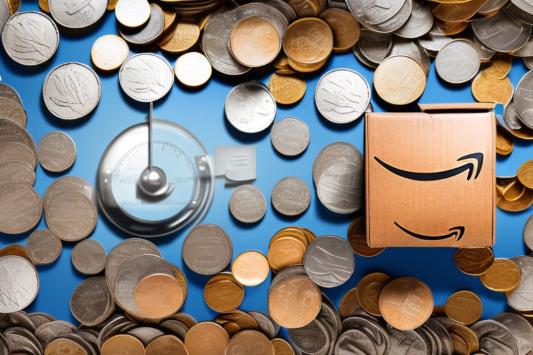 A scale balancing a box (symbolizing amazon products) on one side and a pile of coins on the other