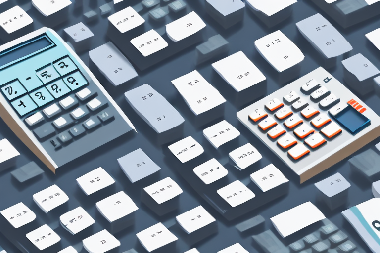 A digital calculator surrounded by various sizes of pallet cartons in a warehouse setting