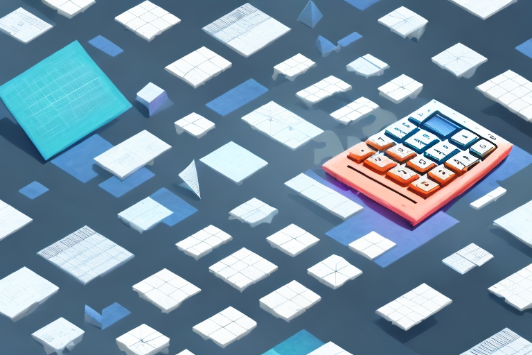 A 3d pallet with various dimensions marked by arrows and a calculator nearby