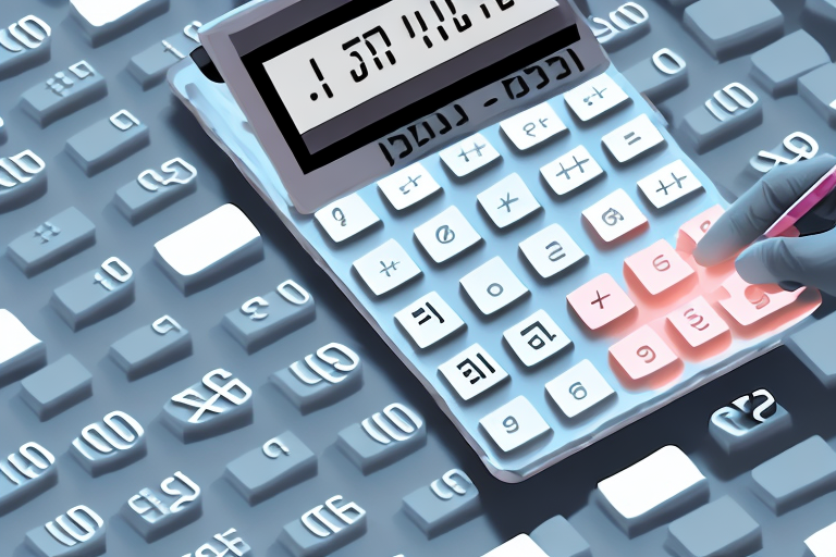 A digital calculator sitting on top of a neatly arranged stack of pallets