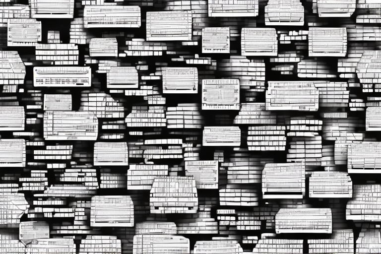 A digital calculator overlaid on a neatly organized warehouse full of pallets in various patterns