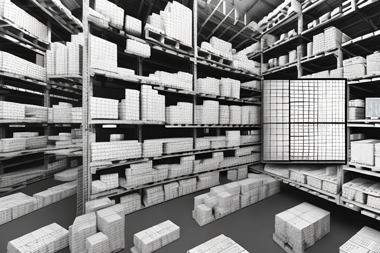 A warehouse with neatly stacked pallets and a digital calculator superimposed over it