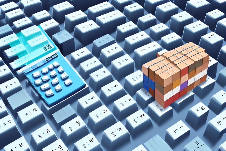 A large stack of shipping pallets with a digital calculator superimposed on it