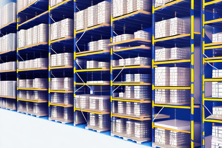 A pallet racking system with different levels filled with boxes