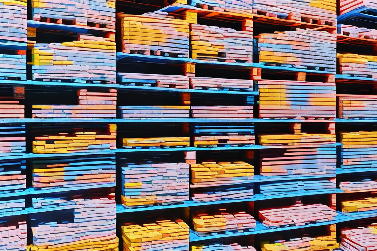 A warehouse with neatly stacked pallets in various patterns