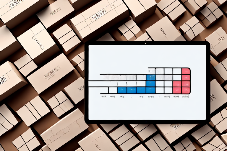 A digital calculator sitting on a wooden pallet with shipping boxes in the background