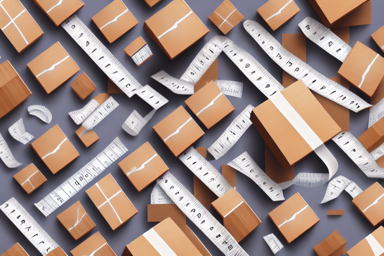 A stack of different sized boxes on a wooden pallet with a tape measure