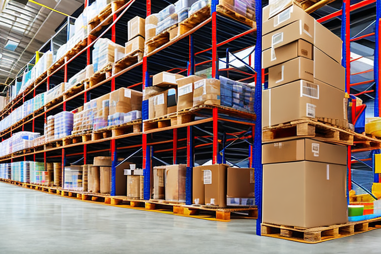 A warehouse interior with various sized boxes neatly stacked on pallets