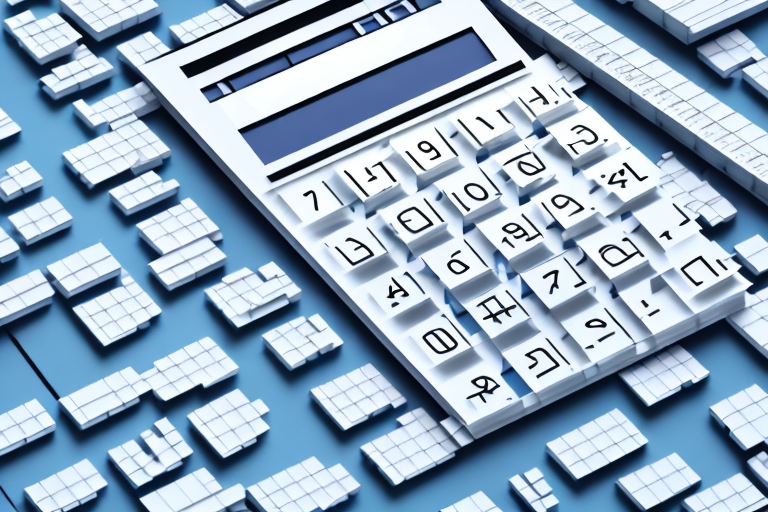 A 3d model of stacked pallets with a calculator and a blueprint in the background to represent planning and calculation in pallet management